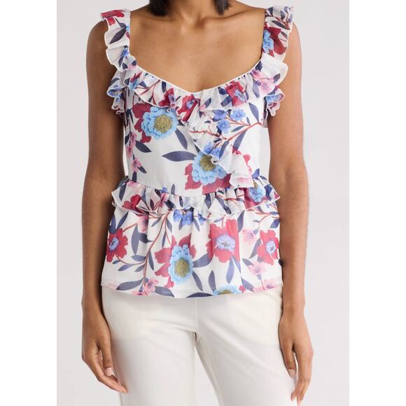 French Connection Aden Bai Lurex Frill Cami Top Summer White Cerise Size 4 NWOT - Picture 1 of 9